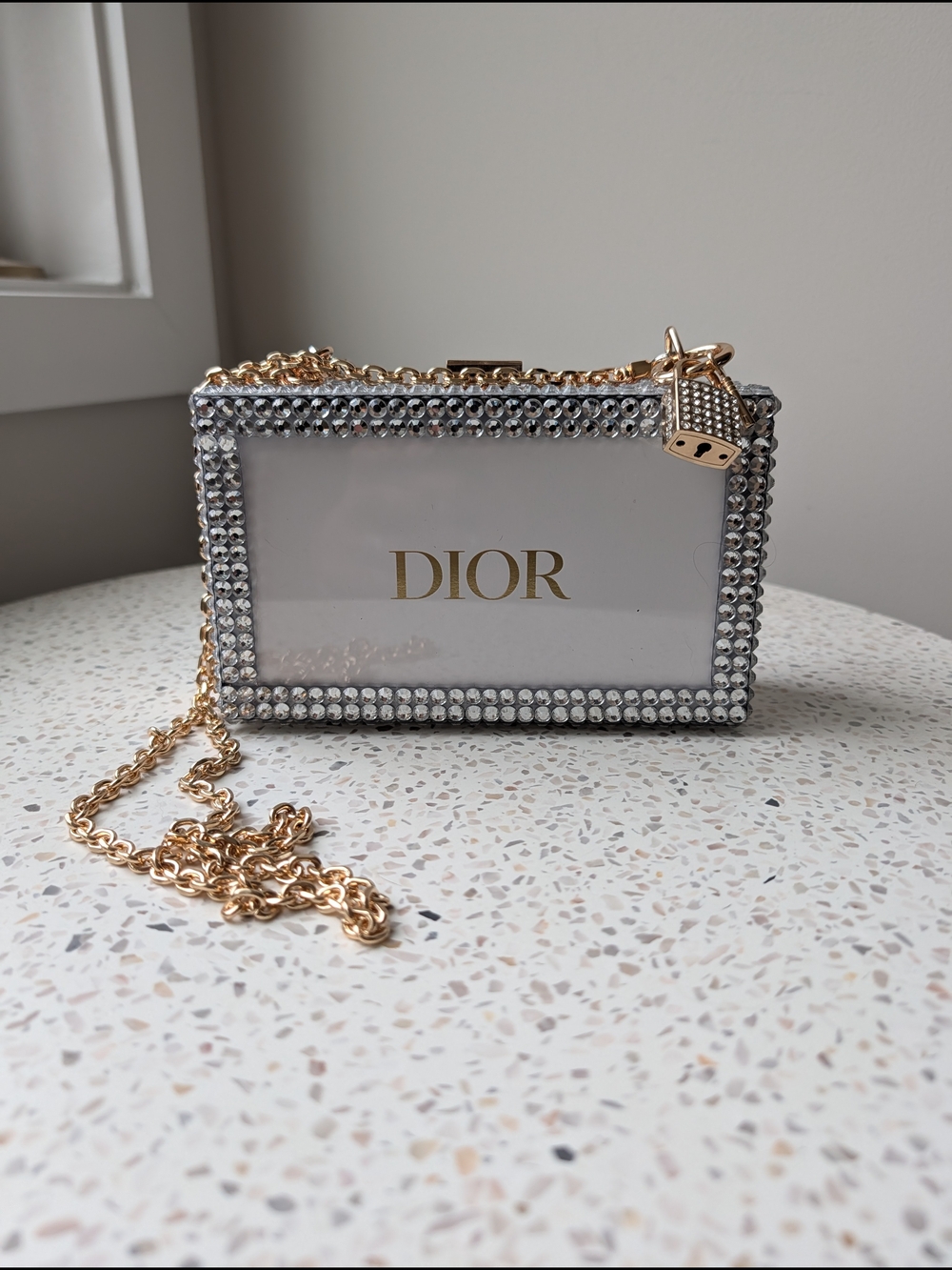 Upcycled Crystal-Embellished Box Bag in Silver with Gold Chain